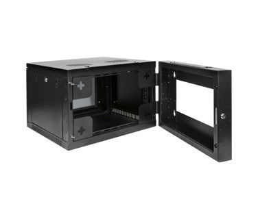 Strong SR-WMS-6U Wall Mount Rack 6U Locking Swing OutBlack wall-mounted network cabinet with open door on a white background