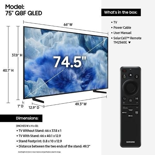 Samsung QN75Q8FAAFXZA 75 Inch QLED 4K TV Quantum HDR+ (2025) Dimensions + What in the box