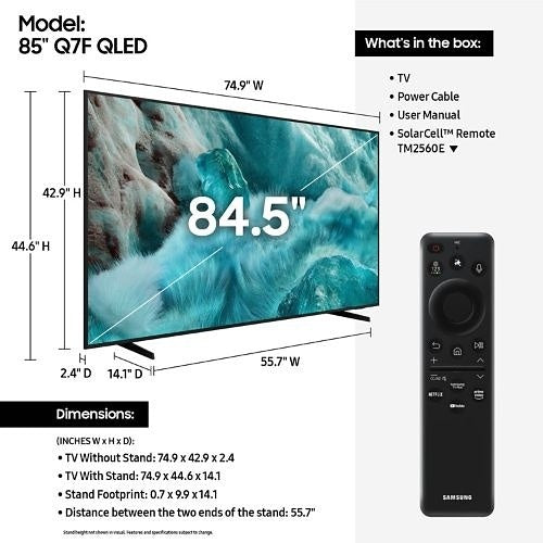 Samsung QN85Q7FAAFXZA 85 Inch QLED 4K TV Quantum HDR (2025) What in the box and dimantions