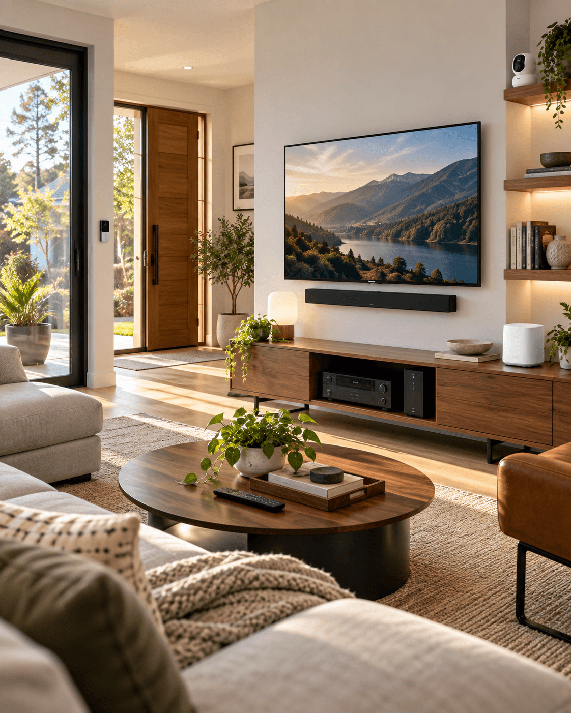 A modern living room interior with a large wall-mounted TV displaying a mountain lake landscape. The room includes a wooden media console, round coffee table, beige sofa, shelving, plants, and large glass doors leading to an outdoor patio.