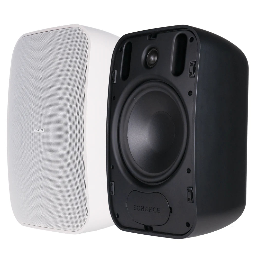 Two speakers, one white and one black, with 'Sonance' branding on a white background.