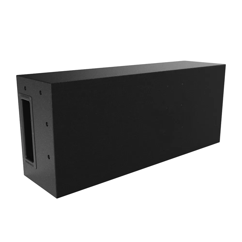 Black rectangular speaker box on a white background