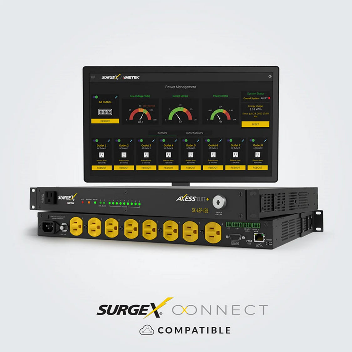 SurgeX SX-AEP-159 Elite IP Smart Rack Surge Protector 9 Outlet 1U
SurgeX network equipment with digital display on a white background