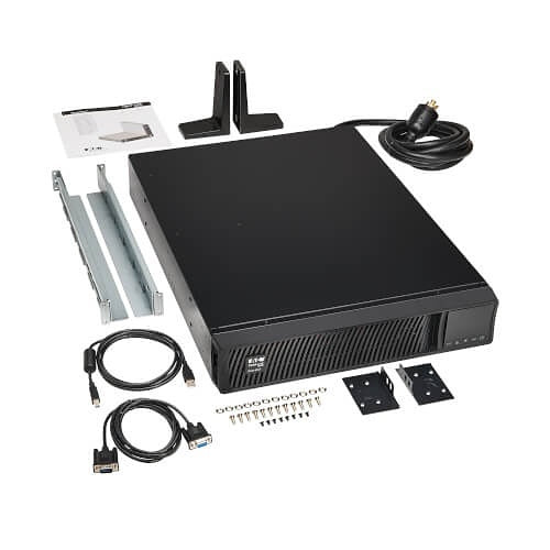 Eaton Tripp Lite SMART3000RMXL2U 2U Sine Wave UPS 3000VA
Computer hardware components including a black case, cables, and brackets on a white background