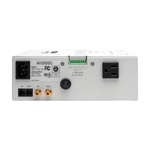 Eaton Tripp Lite AV550SC Structured Wiring UPS Power Block 550VA
Back view of an electronic device with multiple ports and labels on a white background