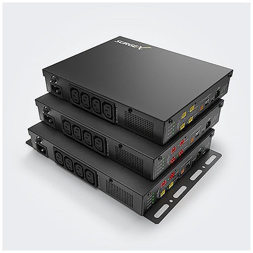 SurgeX SX-DC-8-24-120 Smart AC DC Surge Protector 24V DC Output
Stack of black electronic devices with multiple ports on a white background