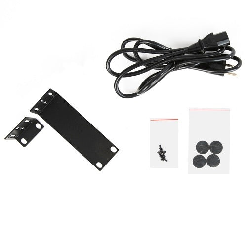 Araknis Networks AN-320-SW-F-16-POE 16-Port Gigabit PoE+ Switch
Set of electronic components including a black metal bracket, power cable, and small items on a white background