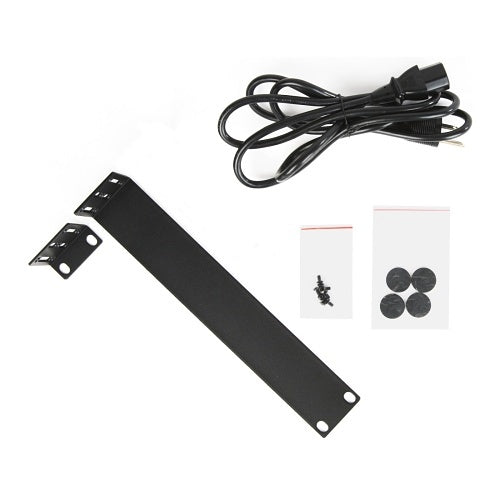 Araknis Networks AN-320-SW-R-8-POE 8-Port Managed Gigabit PoE+ Switch
Black metal bracket, black cable, and small packaging with stickers on a white background