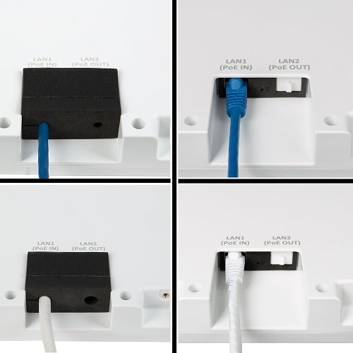 Araknis AN-520-AP-O Wi-Fi 6 Outdoor Access Point PoE+ 3000Mbps
Four panel views of a network switch with Ethernet cables connected.