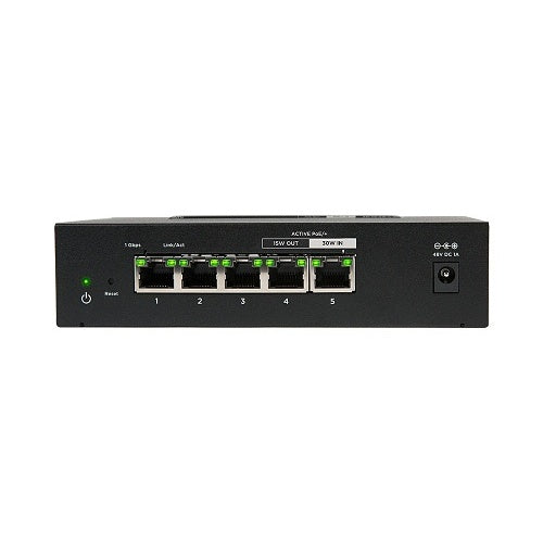 Araknis Networks AN-110-SW-C-5P Compact PoE Gigabit 5-Port Switch
Network switch with five Ethernet ports on a white background