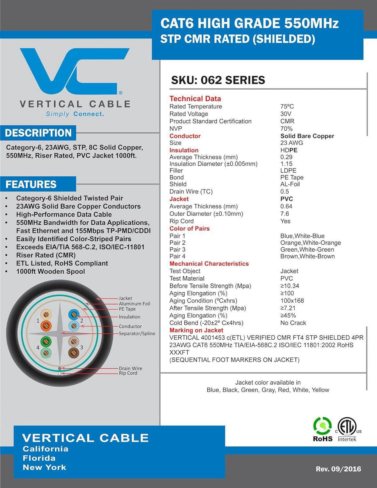 Vertical Cable 062-504/S/BL CAT6 Shielded F/UTP Cable 1000ft Blue Info