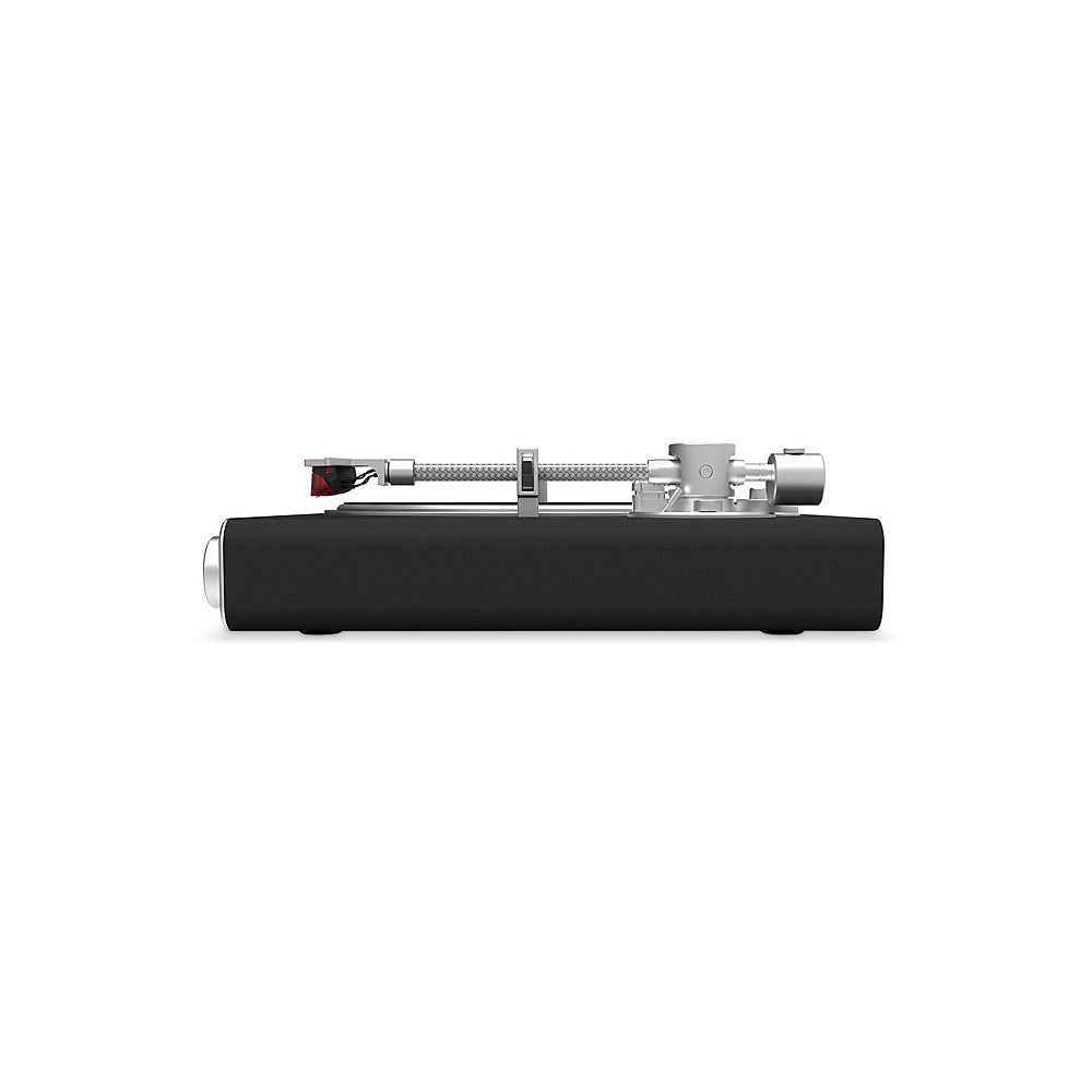 Victrola Carbon VPT-3000 Turntable Ortofon Wireless Sonos-Ready
A side-profile view of a modern turntable with a matte black plinth and a polished silver metal plinth and cartridge assembly, set against a solid white background.