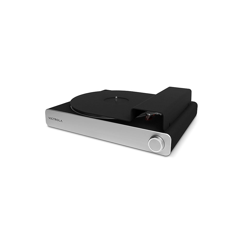Victrola Carbon VPT-3000 Turntable Ortofon Wireless Sonos-Ready
Victrola record player with a black body and a silver front panel, featuring a vinyl record on the platter and a single control knob on the front, shown against a plain white background.