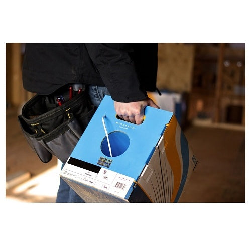 Wirepath NST-CAT6-1000-BLK Cat6 Bulk Cable 1000ft Black Person holding a blue box with a brand logo, standing in an indoor setting.