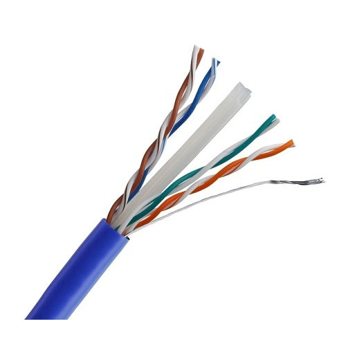 Wirepath NST-CAT6-1000-BLU Cat6 Bulk Cable 1000ft Blue Close-up of a blue Ethernet cable with multicolored wires on a white background