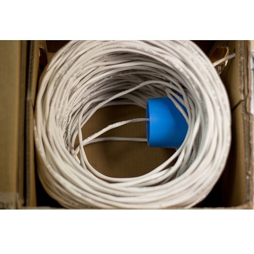 Wirepath NST-CAT6-1000-BLK Cat6 Bulk Cable 1000ft Black Coiled white cable with a blue connector inside a cardboard box
