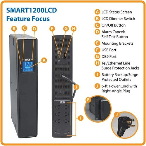 Eaton Tripp Lite SMART1200LCD 2U Rackmount UPS AVR LCD 1200VA
Power supply unit with labeled features on a white background