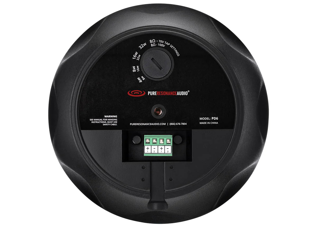 Pure Resonance Audio PD6 6.5 Inch 70V Pendant Speaker
Black audio component with Pure Resonance Audio branding on a white background