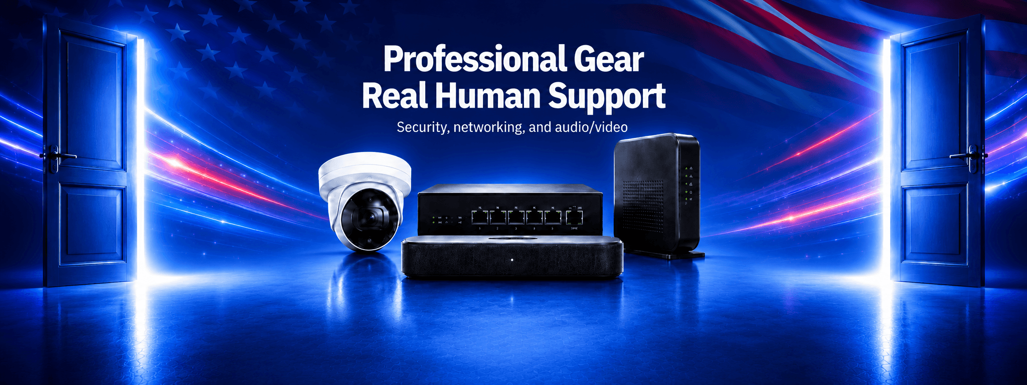 Professional security, networking, and audio/video gear with Independence Day styling at Bear Security Shop.