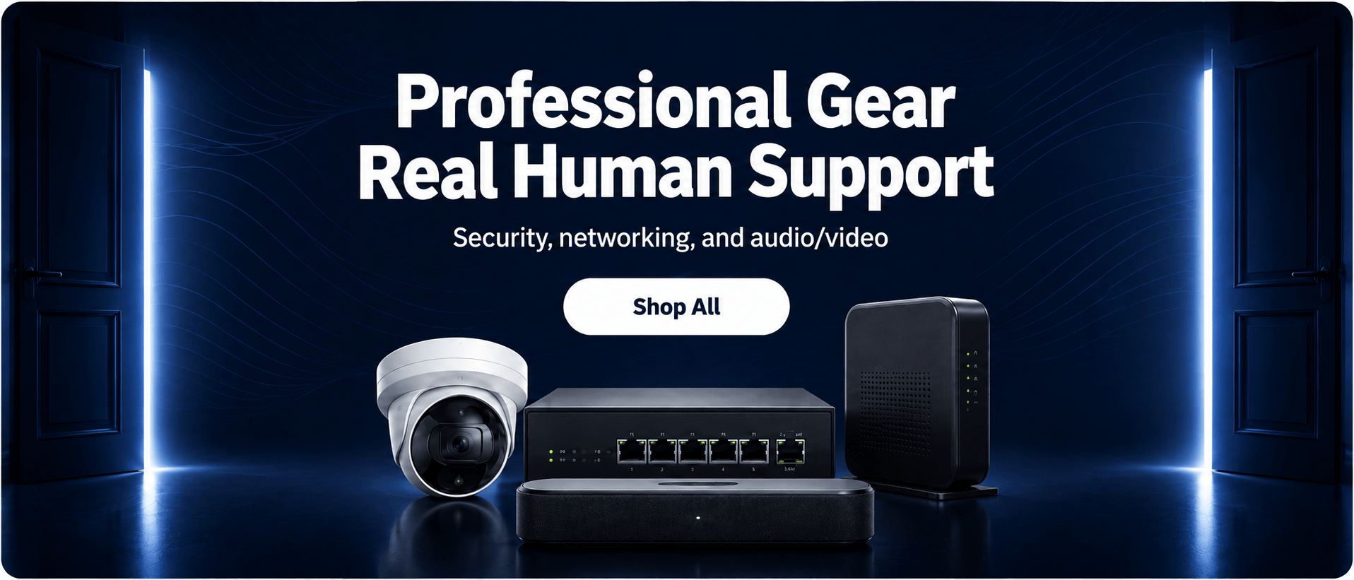 Bear Security Shop hero banner showing professional gear with real human support for security, networking, and audio/video.
