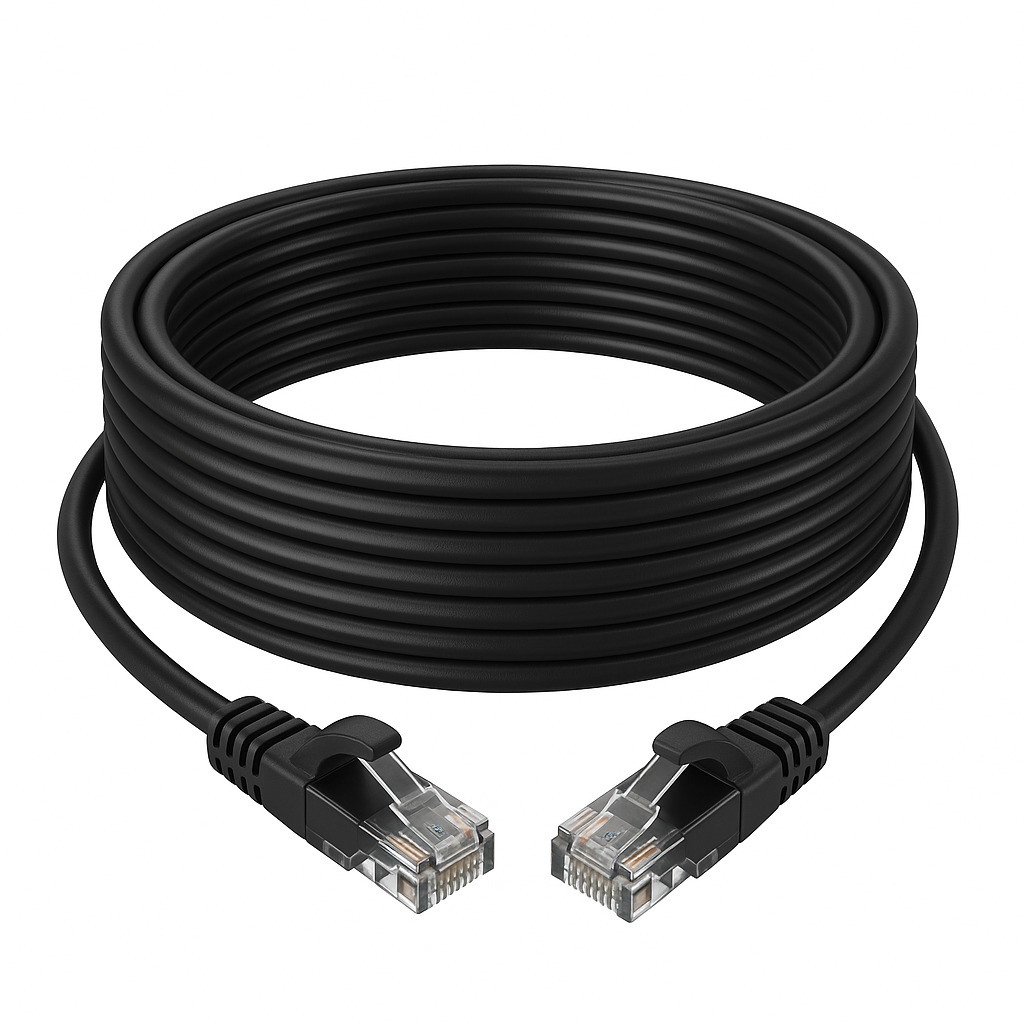 30ft Cat6 Ethernet cable coiled neatly with RJ45 connectors on a white background, professional eCommerce product photo.