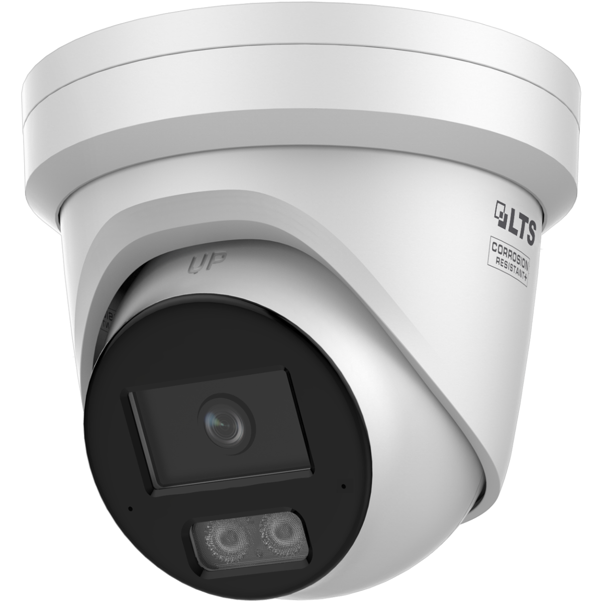 LTS LTCMIP3CD82WI-AISP 8MP AI Color 24/7 Turret Camera
A white Turret security camera with a black front lens housing and visible LTS and UP branding, shown on a plain white background.