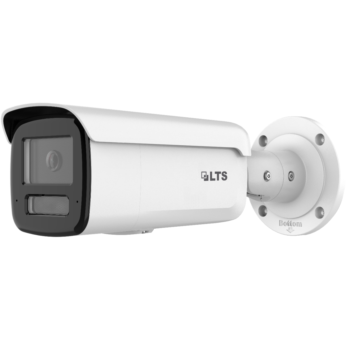 LTS CMIP9382WI-28SDL 8MP Active Deterrence Camera
A white bullet security camera with a black front lens cover and an integrated white wall mounting bracket, shown against a plain white background.