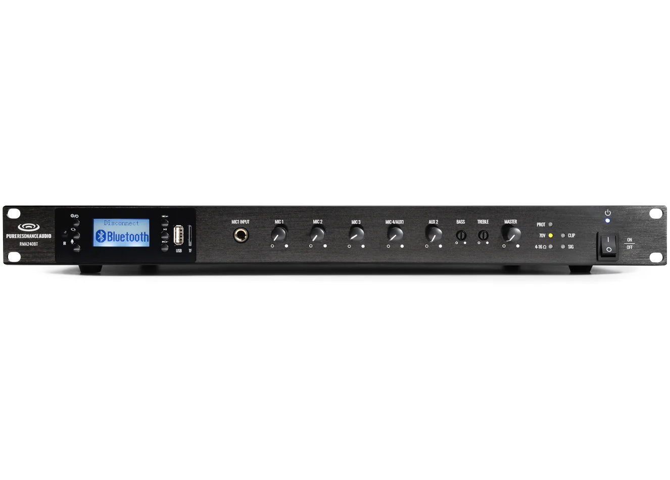 Pure Resonance Audio RMA240BT 240W Bluetooth Rack Mixer Amplifier
Black audio equipment with Bluetooth and USB ports on a white background