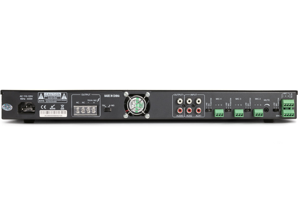 Pure Resonance Audio RMA240BT 240W Bluetooth Rack Mixer Amplifier
Back view of an electronic device with various ports and labels on a white background