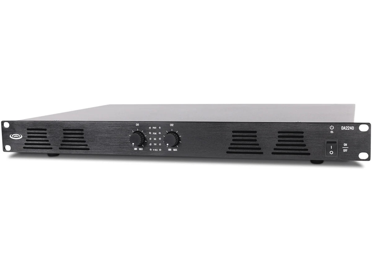 Pure Resonance Audio DA2240 2-Channel 240W 70V Power Amplifier
Audio power amplifier on a white background