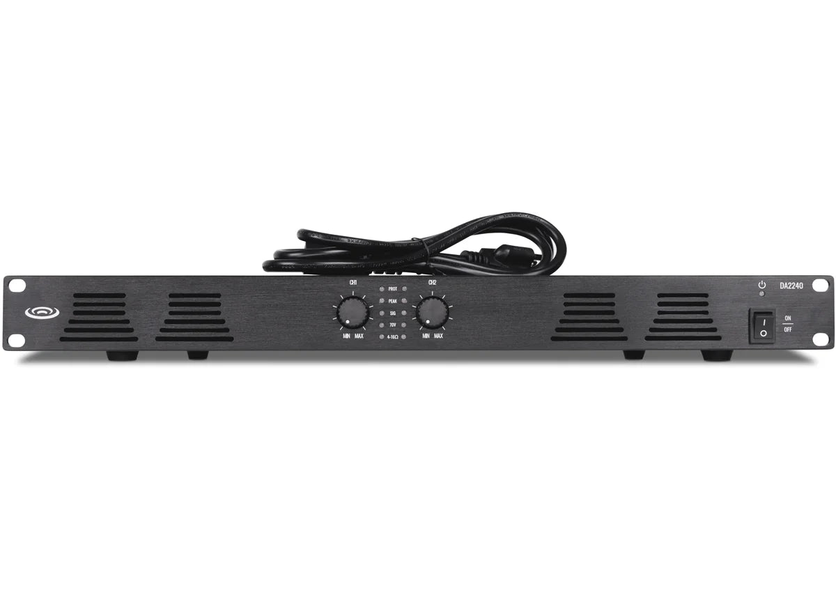 Pure Resonance Audio DA2240 2-Channel 240W 70V Power Amplifier
Black electronic device with a power cord on a white background