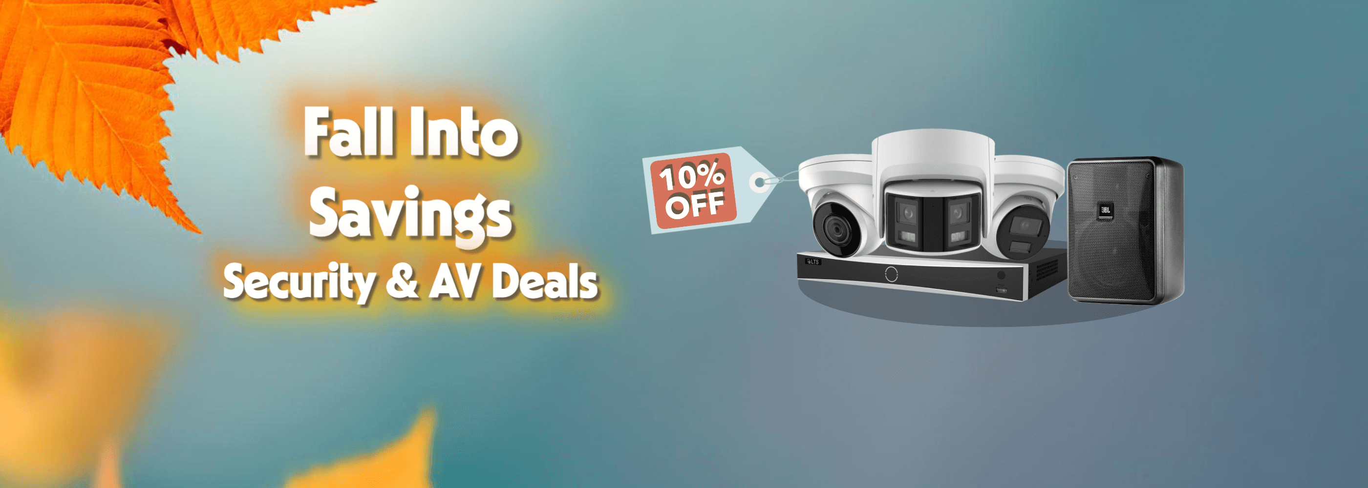 Promotional banner for security and AV deals with a camera and speaker system on a gradient background.