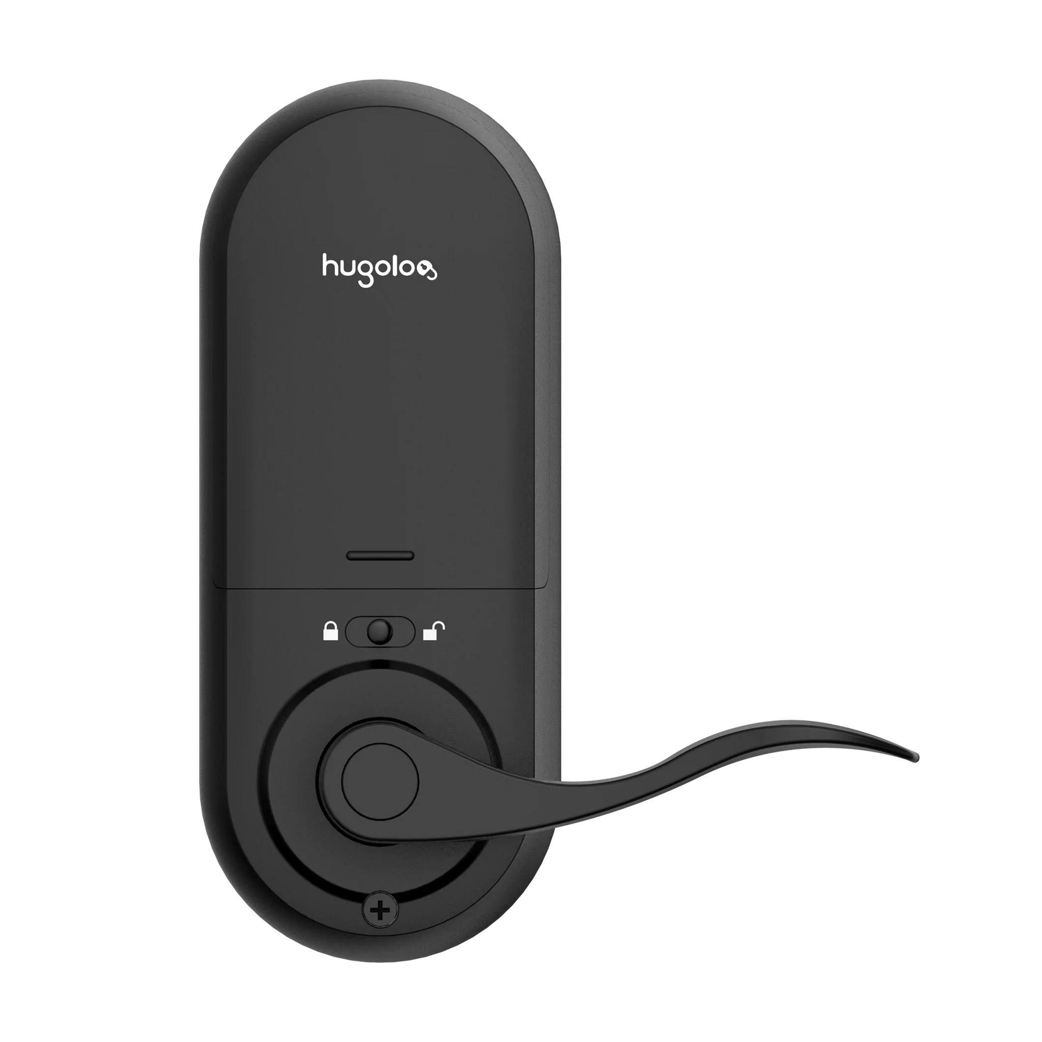 Black door lock with 'hugolog' branding on a white background