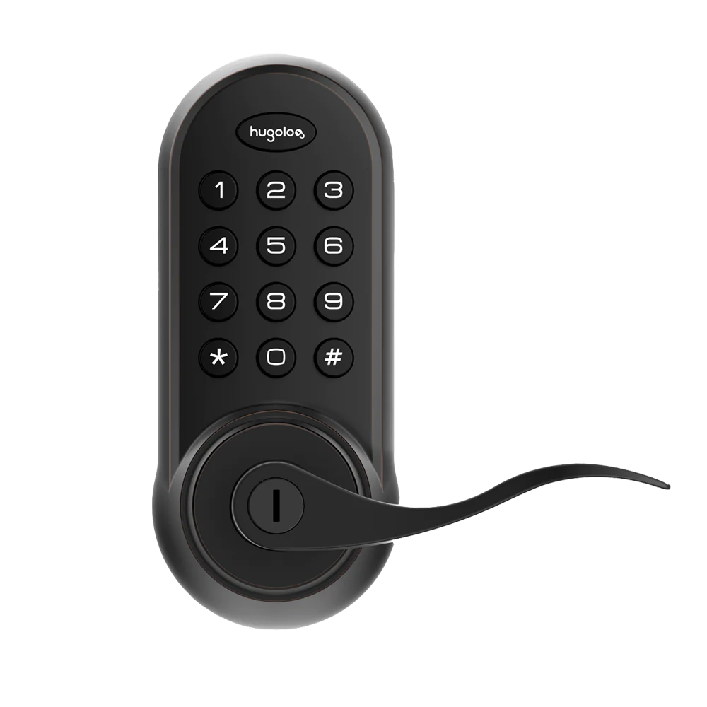 Digital door lock with keypad on a white background