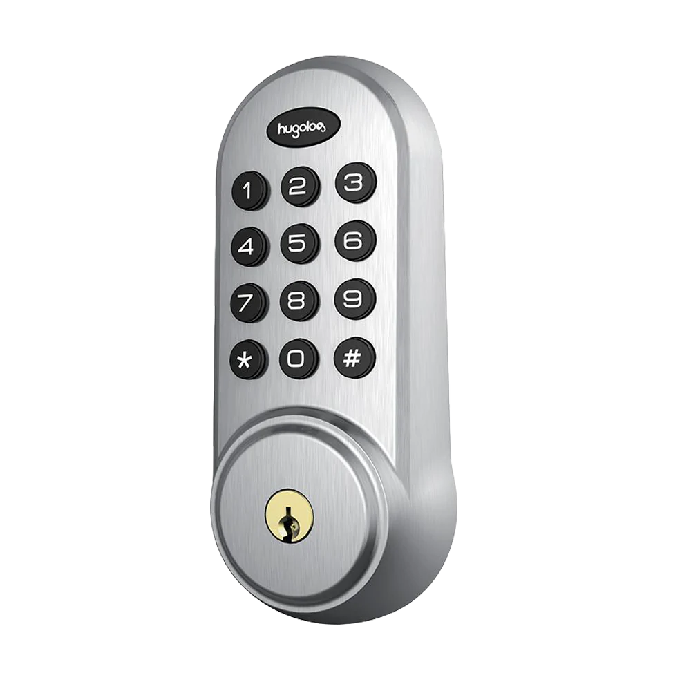 Digital door lock with keypad on a white background