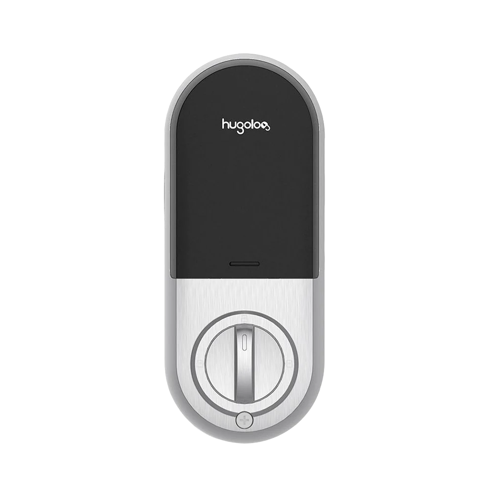 Smart door lock with black top and silver bottom on a white background