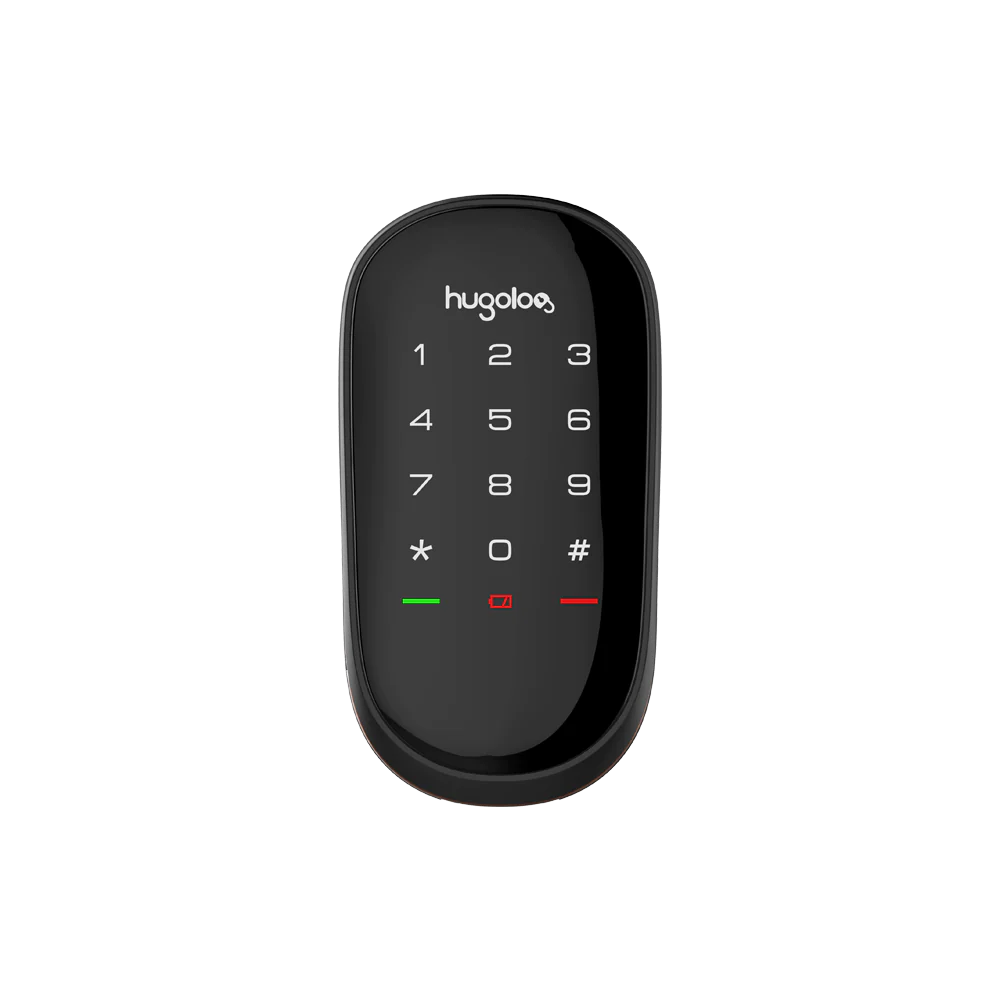 Black digital door lock with keypad on a white background