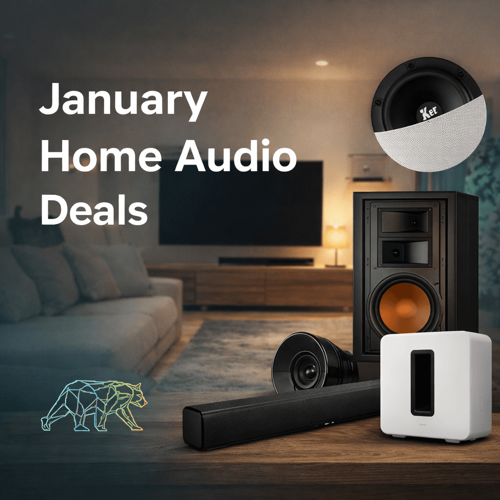 January Home Audio Deals featuring KEF in ceiling speakers, Klipsch in wall speakers, and Sonos subwoofer in a modern living room setup