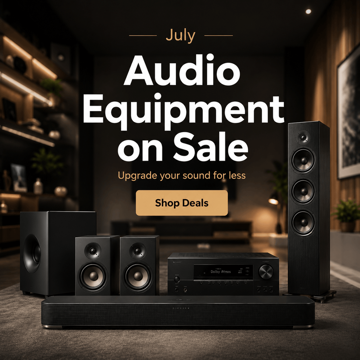 July audio equipment sale banner featuring speakers, soundbar, subwoofer, and AV receiver
