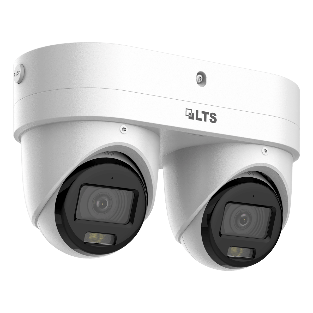 LTS CMIP3743W2-DLZ Dual 4MP Active Deterrence PoE Camera
A white dual-camera dome security surveillance unit with black lenses and the LTS logo printed on the front, shown against a solid black background.