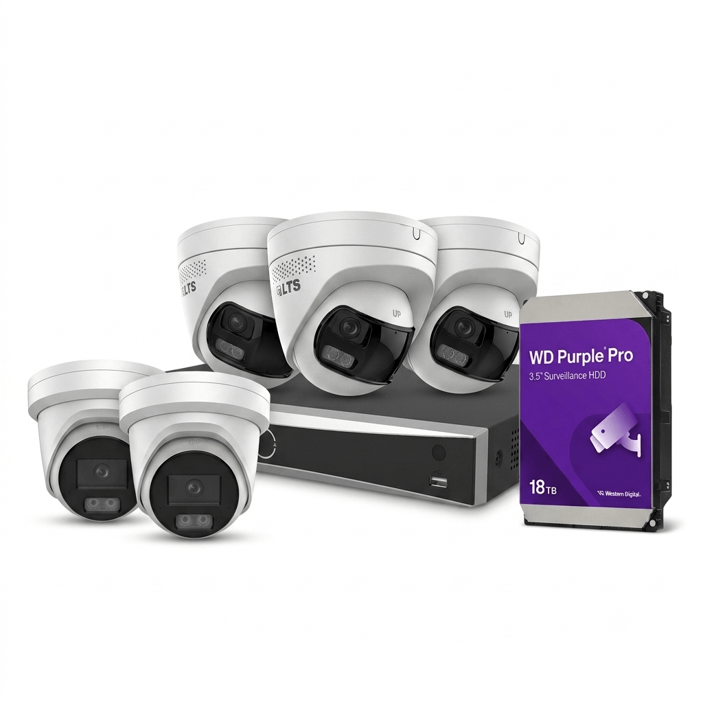 A professional product group shot on a pure white background, featuring five LTS white dome security cameras with visible 'LTS' logos, one 8-channel LTS network video recorder (NVR), and one Western Digital (WD) Purple Pro 18TB AI Surveillance internal hard drive. The cameras are clustered on and in front of the NVR, and the hard drive stands upright with its purple label clearly visible. The items are neatly arranged for a bundle promotion.