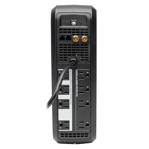Eaton Tripp Lite SMART1000LCD Tower UPS AVR LCD 1000VA 500W
Back view of a power strip with multiple outlets and connectors on a white background