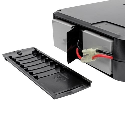 Eaton Tripp Lite SMART1200LCD 2U Rackmount UPS AVR LCD 1200VA
Black battery tray with connectors attached to a battery box on a white background