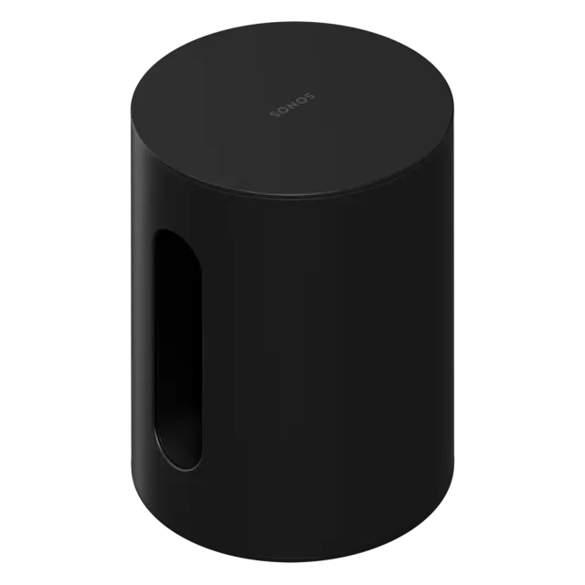 Black mini sub Sonos speaker on a white background
