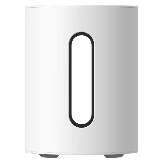 White mini subwoofer with a black rectangular slot on a white background